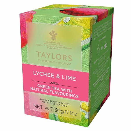 Taylors of Harrogate Lychee & Lime, Green Tea, Individually Wrapped Bags, 20 Count (Pack of 1), Uplifting, Zesty and Lively, Caffeinated, Enjoy Hot or Iced, 20 Teabags