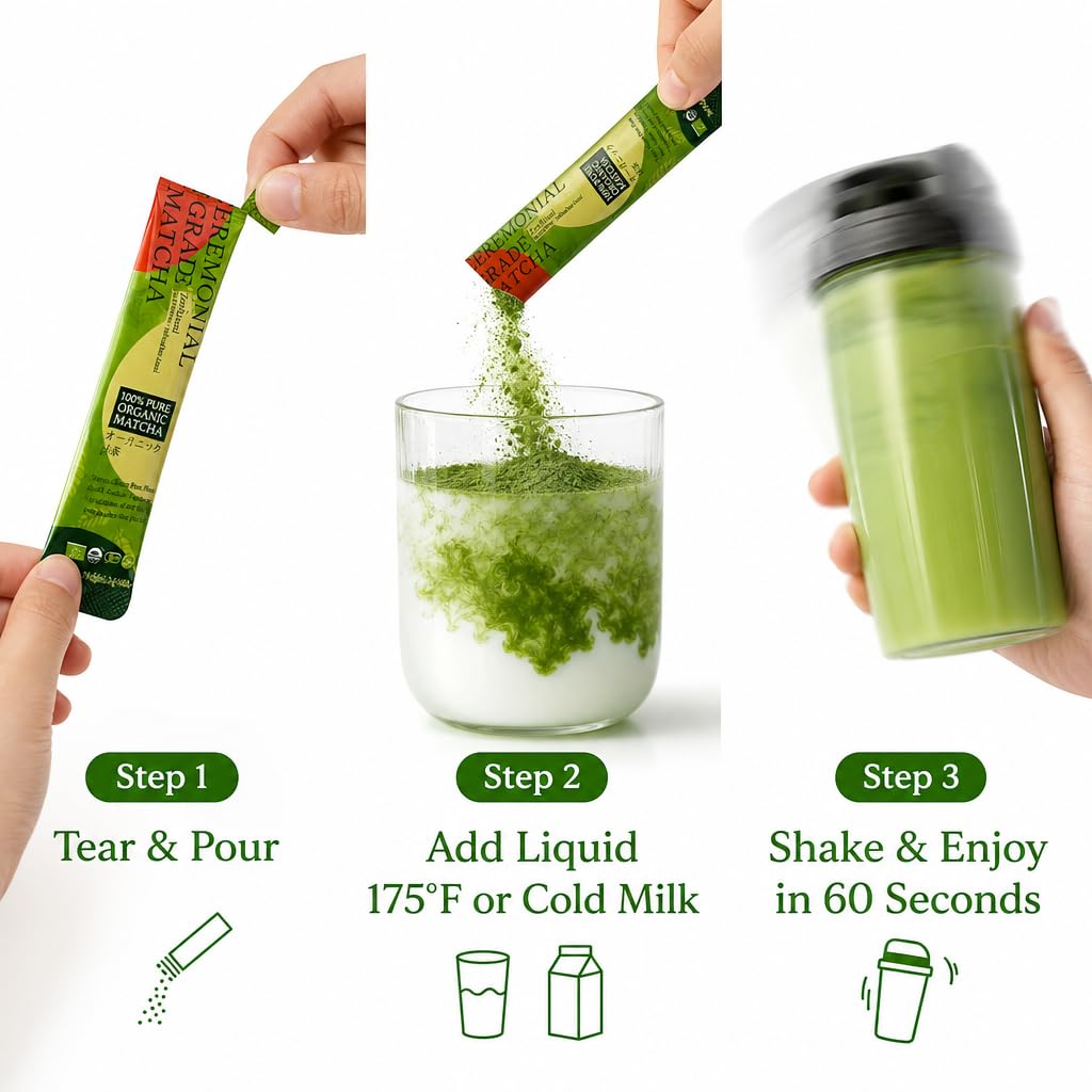 ZenRitual Matcha Powder Packets, 20 Single Serve Sticks, Ceremonial Grade