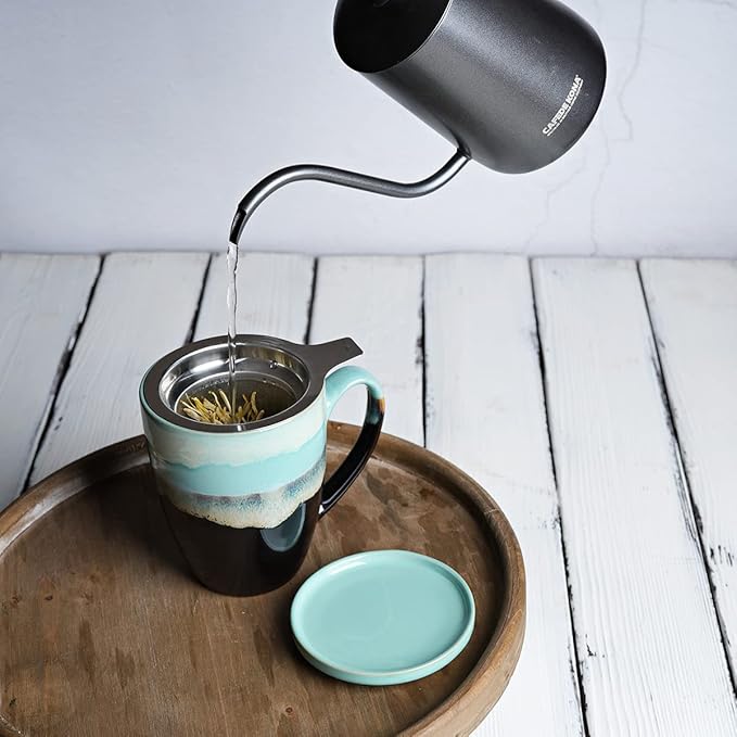 Bosmarlin Ceramic Tea Cup with Infuser and Lid, 13.5 Oz, 4 Colors to Choose, Dishwasher and Microwave Safe, Reactive Glaze, Steeping Tea Mug with Strainer