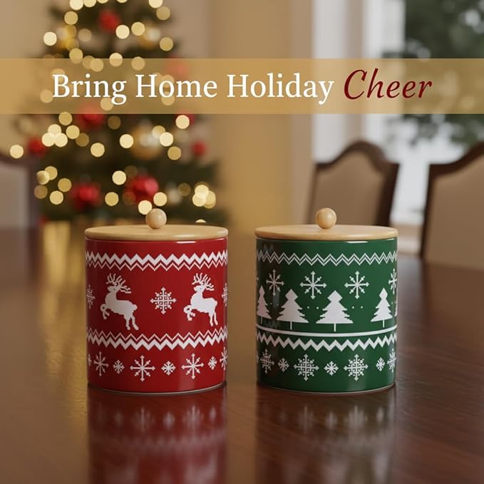 Young's Ceramic Christmas Cookie & Goodie Jar with Airtight Wooden Lid,Set of 2 – Festive Red & Green Holiday Treat Storage for Cookies, Candy, Snacks, and Winter Kitchen Decor,7 Inch