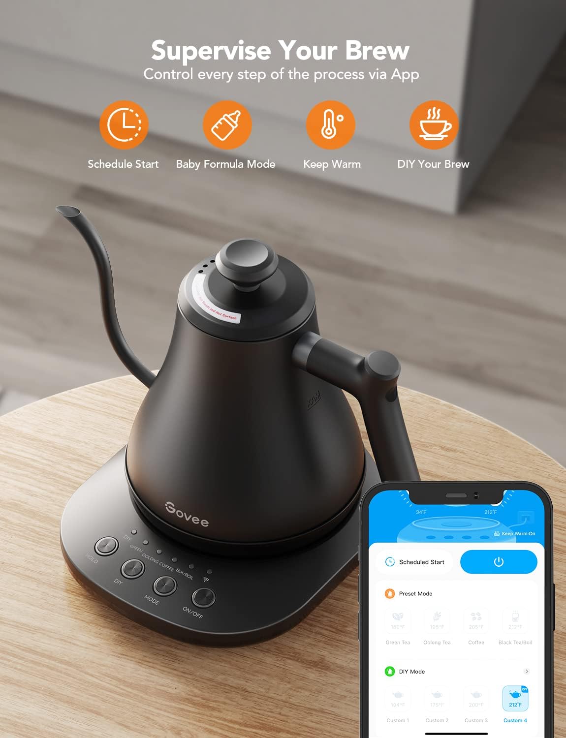 Govee Smart Electric Kettle, WiFi Variable Temperature Gooseneck Tea Kettle | Pour Over Kettle and Electric Tea Kettle, Alexa Control, 1200W Quick Heating, All Stainless Steel, 0.8L Matte Black