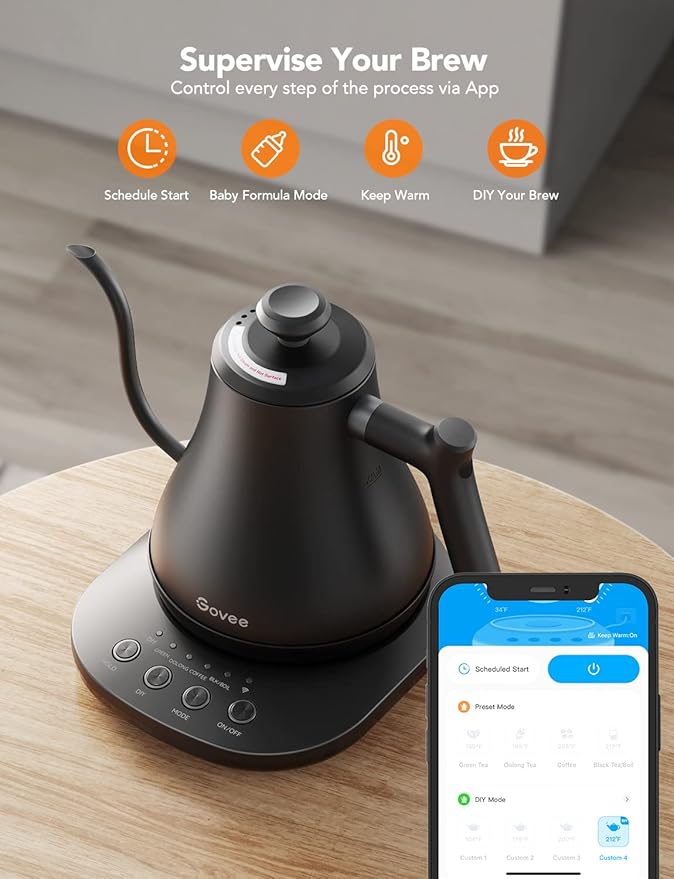 Govee Smart Electric Kettle, WiFi Variable Temperature Gooseneck Pour Over Kettle and Tea Kettle, Alexa Control, 1200W Quick Heating