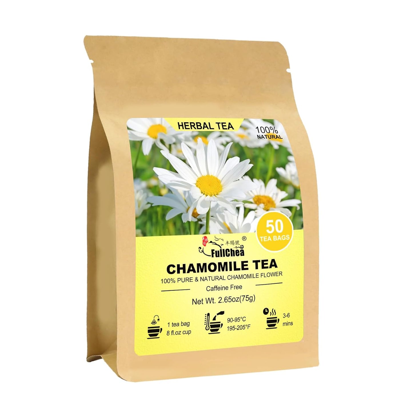 FullChea - Chamomile Tea Bags, 50 Count, Chamomile Flower Herbal Tea | Pure &amp; natural chamomile flowers, Non-GMO and caffeine-free, supports relaxation, digestion and immune wellness