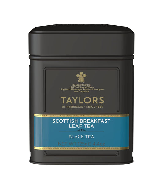 Taylors of Harrogate Scottish Breakfast, Black Tea, Loose Leaf, 4.41 Ounce Tin Caddy, Strong, Malty and Full, Caffeinated, Premium Whole Leaf Tea