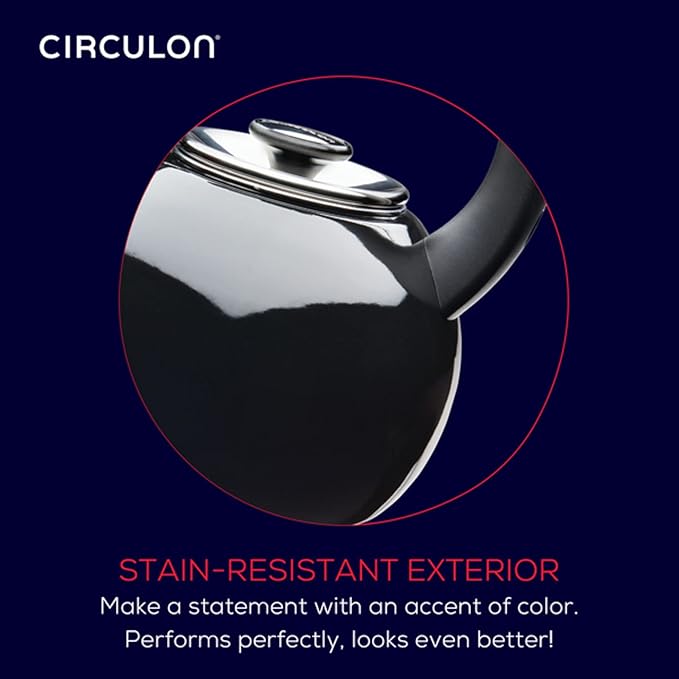 Circulon Enamel on Steel Whistling Teakettle/Teapot With Flip-Up Spout, 2 Quart - Black