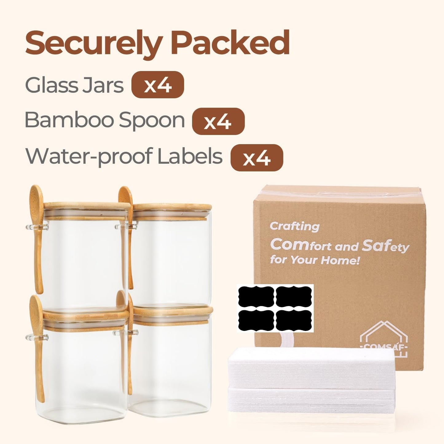 ComSaf Glass Container with Spoon &amp; Lid 0.8 Qt, 4 Pack Glass jar with spoon | Coffee and Sugar Container Set, Coffee Bar, Salt Jar, Bamboo Lid with Silicone Seal, Spice, Seasoning Canister, BPA Free