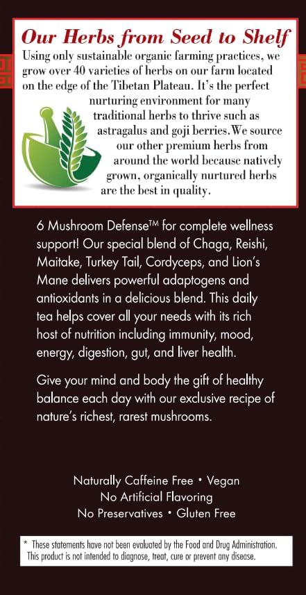 Bravo Tea 6 Mushroom Defense Herbal Tea, Caffeine Free 20 Tea Bags, 1 Count