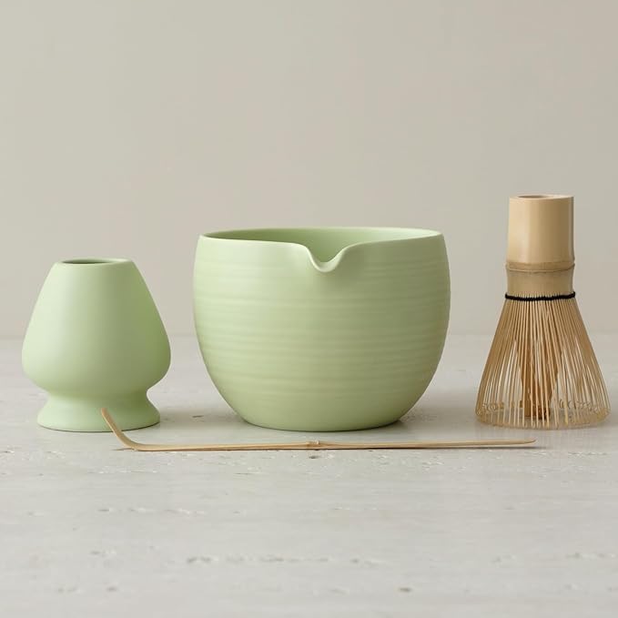 Matcha Whisk Set, Ceramic Matcha Bowl & Whisk Holder, Bamboo Accessory, Modern Design (Mint Green, P