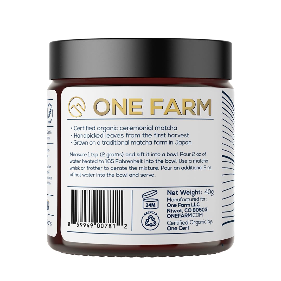 One Farm by WAAYB Organic Ceremonial Matcha Powder, 20 Servings, Single Estate Green Tea Powder, Non-GMO, Fair-Trade, Vegan, Gluten Free, Clean Energy and Focus in a Resealable Glass Jar