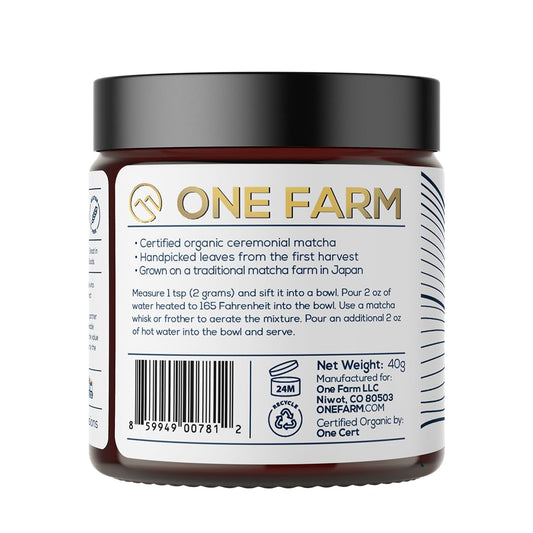 One Farm by WAAYB Organic Ceremonial Matcha Powder, 20 Servings, Single Estate Green Tea Powder, Non-GMO, Fair-Trade, Vegan, Gluten Free, Clean Energy and Focus in a Resealable Glass Jar