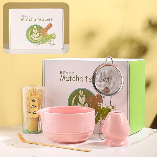 Matcha Tea Set, 5-Piece Ceramic Matcha Bowl & Whisk Kit with Cute Cat Pattern, Traditional Japanese Chawan, Scoop & Sifter, Perfect for Tea Ceremony