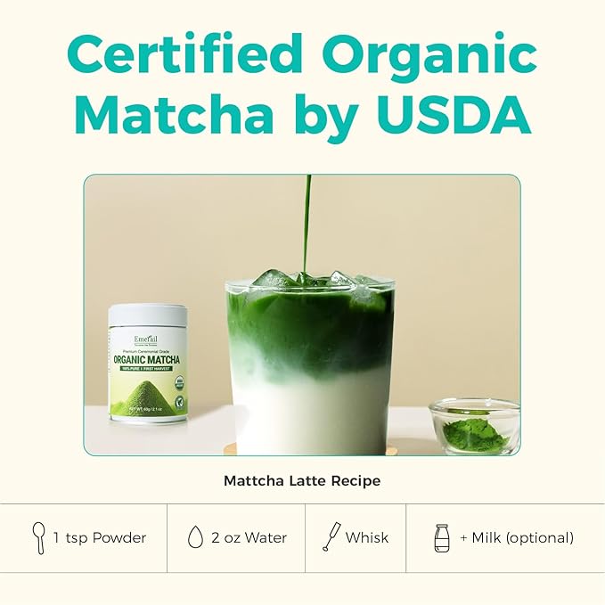 Emerail Matcha Powder Ceremonial Grade, USA Organic Matcha Green Tea Powder, Premium First Harvest, Sugar-Free Gluten-Free Vegan (60g / 2.1oz)