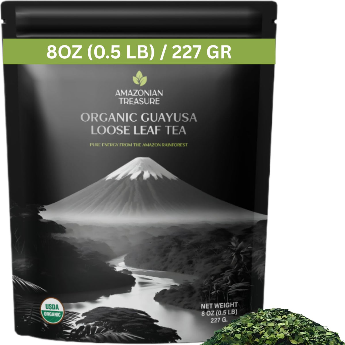 Amazonian Treasure Organic Guayusa Loose Leaf Tea, 8 OZ, (227G) 1/2LB, Smooth Energy Boost, Alternative to Coffee & Yerba Mate, 60 mg Caffeine per Serving.