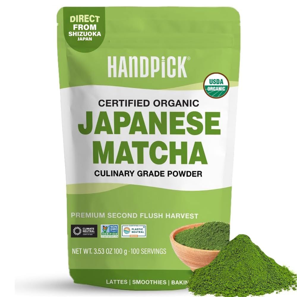 Handpick Japanese Organic Matcha Green Tea Powder (100 Servings) - Sourced from Japan, Authentic Premium Harvest, Resealable Ziplock Pouch