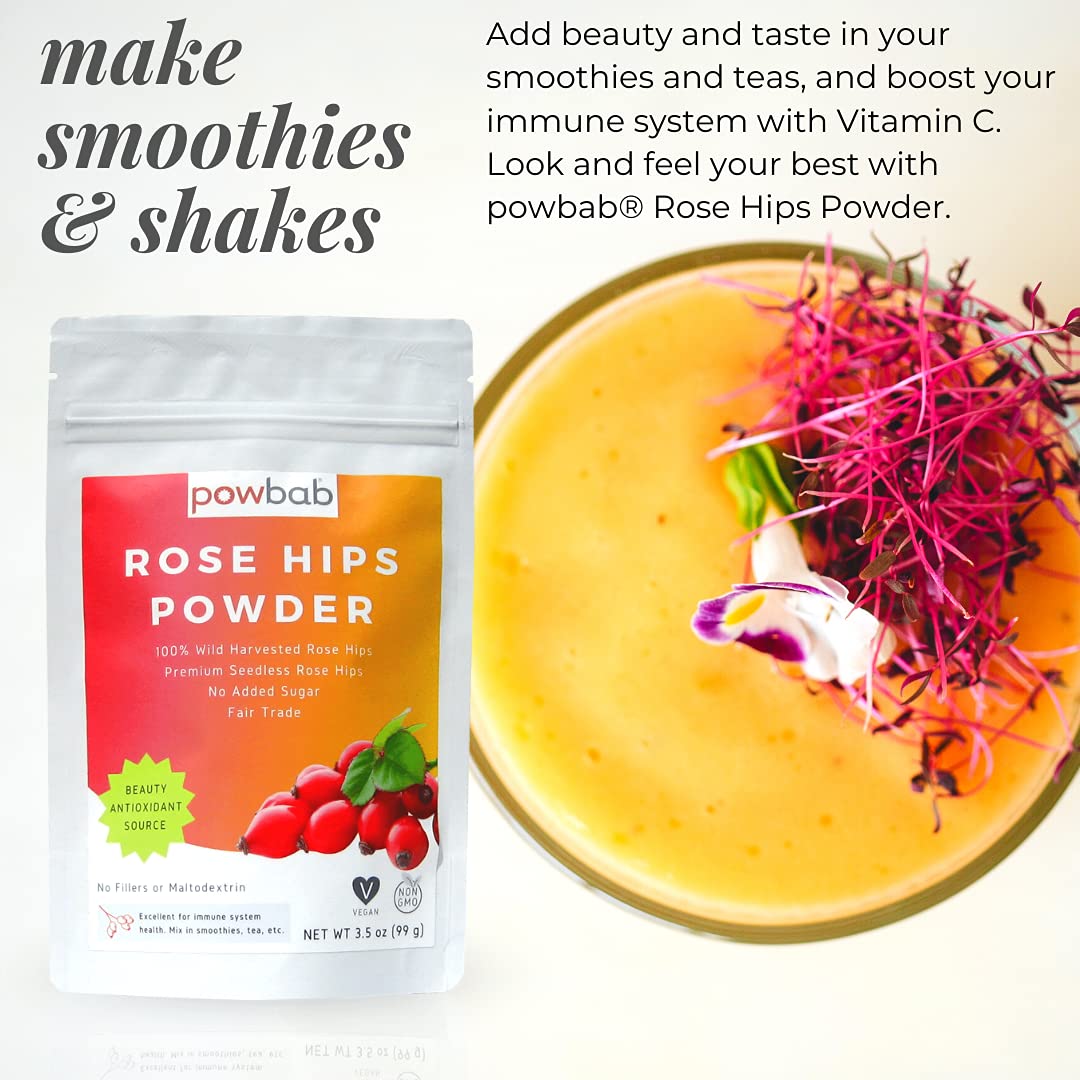 powbab Rose Hips Powder from 100% Wild Organic Rosehip. Premium Rosa Rubiginosa. Seedless Ground Rosehips from Whole Dried