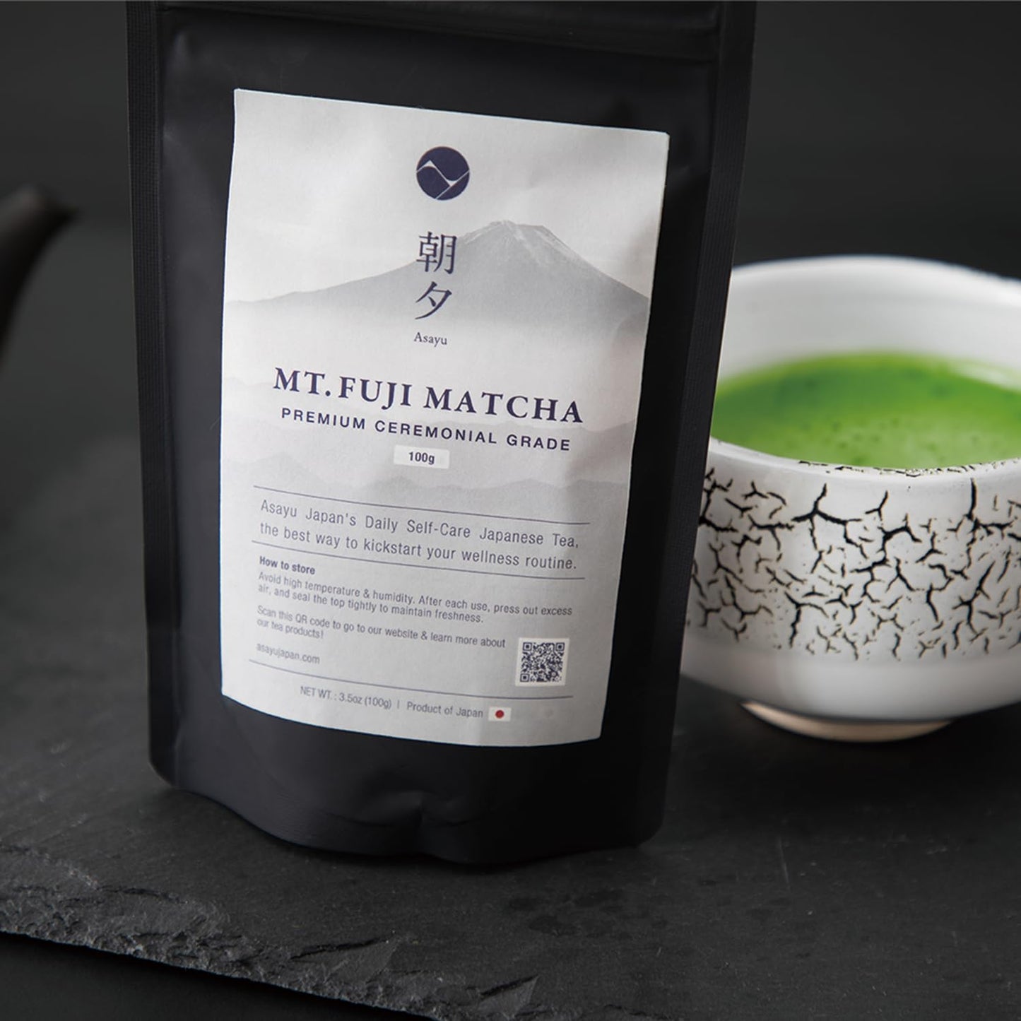 Asayu Japan Fuji Matcha Powder - Ceremonial Grade Green Tea, Mt. Fuji Source, Made in Japan (Pouch 100g)