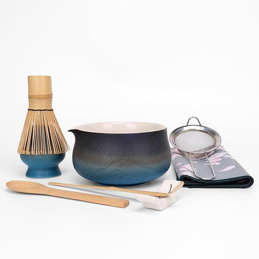 Joyscale Matcha Whisk Set, Matcha Set Whisk And Bowl, 8 Pcs Matcha Kit Set(Distant Mountains Design), 18 OZ, Japanese Matcha Tea Set, Matcha Making Kit Gifts for Tea Lovers(Black Blue)