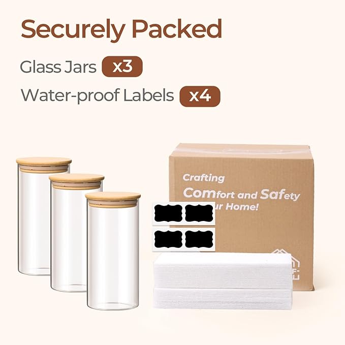 ComSaf Airtight Glass Storage Canister with Wood Lid(1.5 Qt), Set of 3 Glass Jars with Lids