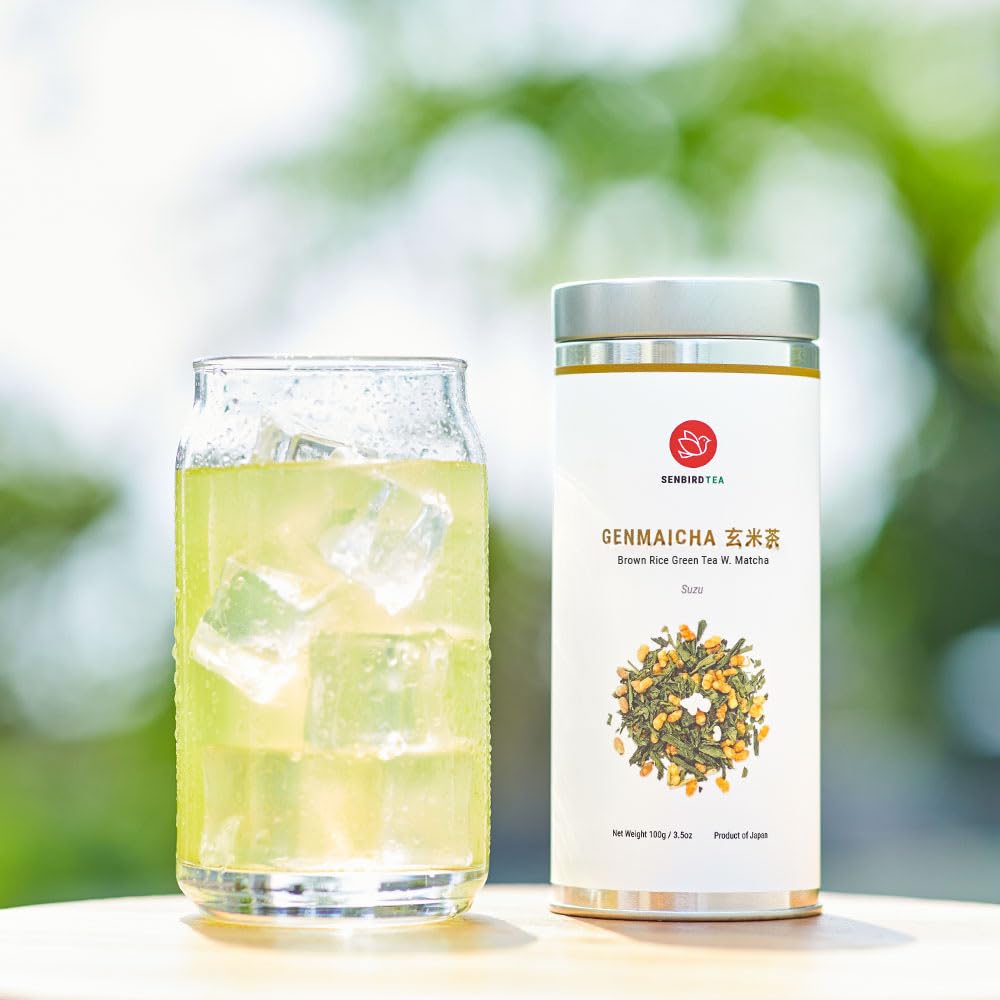 Senbird Loose Brown Rice Green Tea with Matcha - Genmaicha Suzu (3.5oz) | Kyoto sencha blended with roasted rice and mat