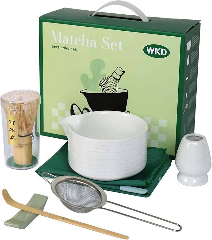 Matcha Whisk Set, Matcha Whisk and Holder, Stainless Sifter & Bamboo Scoop, Towel, 7 PCS Matcha Starter Kit for Matcha Lovers, White