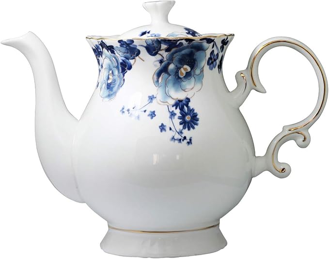 Jomop European Style Ceramic Flower Teapot Coffee Pot Water Pot Porcelain Gift Large 5.5 Cups (1, Bl