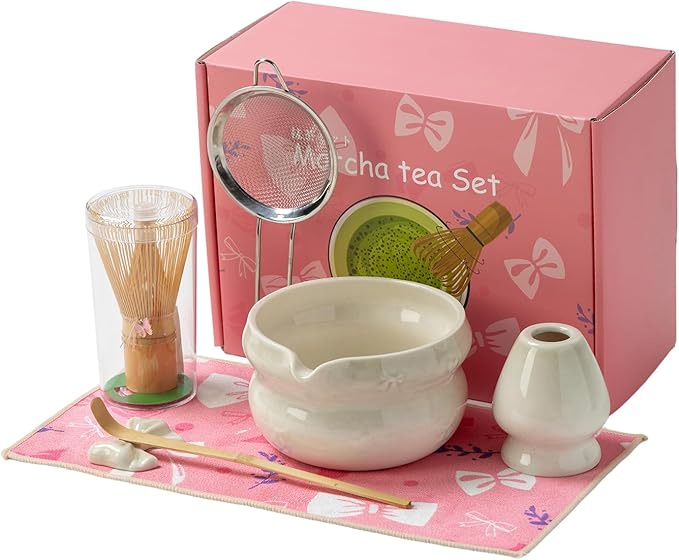Matcha Kit 7-Pcs matcha whisk set, Measuring Spoon, Japanese Tea Making Tools,Cha, tea bowl, pink ma