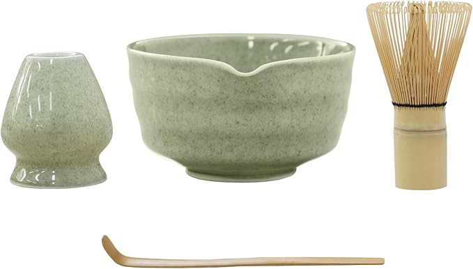 Matcha Whisk Set, Japanese Tea Set includes Matcha Bowl with Spout, Matcha Whisk and Holder, Bamboo Scoop - 4 Pcs Ceremonial Grade Matcha kit for Tea Lovers (Jade Green)