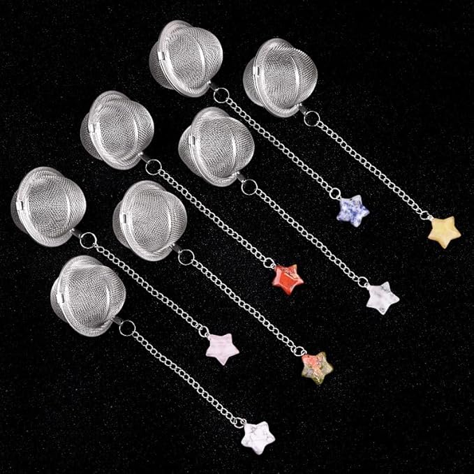5 Pcs Tea Filter Stainless Steel with Star Crystal Energy Stone Tea Strainers with Fine Mesh Extend Chain Hook Tea Ball Infuser for Loose Tea Leaves