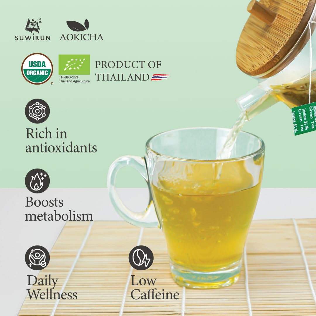 Suwirun Aoki Cha Organic Yabukita Japanese Green Tea 50 Bags – Smooth, Umami-Rich & Refreshing – Eco-Friendly, Unbleached Tea Bags for Hot & Cold Brew