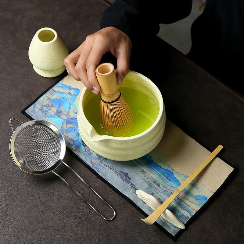 7 matcha whisk set 1 Matcha Whisk ，Matcha Bowl with Pouring Spout Scoop Matcha Whisk Holder Tea Making Kit. 1 matcha whisk set (7pcs), 15.2 Ounce (Yellow)