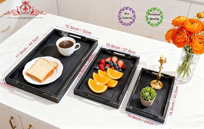 Coffee Table Tray Decorative Nested Vintage Wood Serving Tray Set for Eating, Breakfast, Party, Kitchen, Ottoman