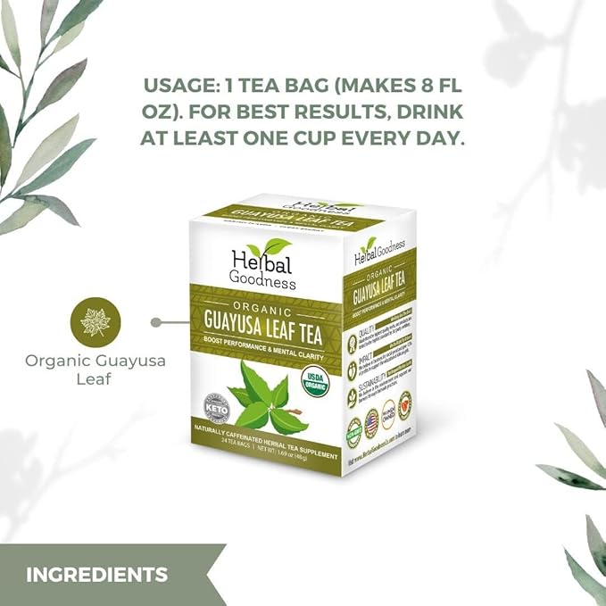 Herbal Goodness Organic Guayusa Leaf Tea Bags – Natural Energy Tea with Antioxidants & Smooth Caffeine | Smooth Focus | 24 Eco-Friendly Teabags – Caffeine Boost Without Jitters - | Yerba Mate Alternative, with Herbal Loose Leaf Tea Benefits