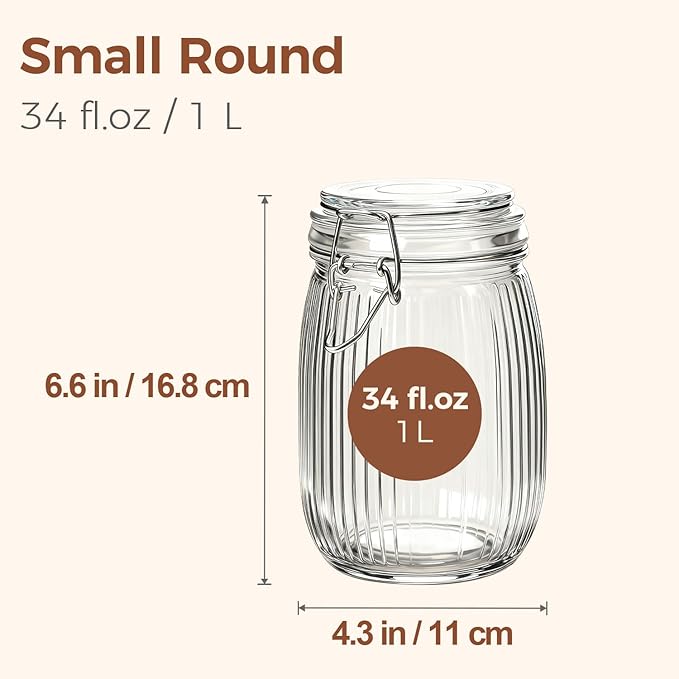 ComSaf Airtight Glass jar with lid 34oz Set of 3, Glass Storage Containers with Lids, Glass Canisters, Striped Clip Fastening Jar for Kitchen Canning