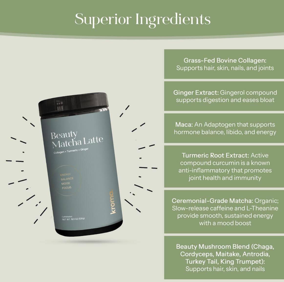 Kroma Beauty Matcha Latte Powder 17.75oz, 503g, 60 Servings – Ceremonial Grade Japanese Matcha Green Tea with Collagen, Ginger, Turmeric & Adaptogenic Mushrooms for Daily Wellness & Rituals