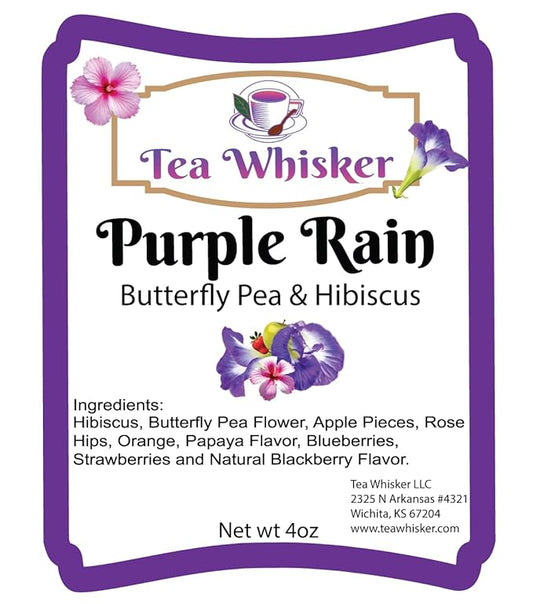 Tea Whisker - Purple Rain | Butterfly Pea & Hibiscus | Floral Herbal | Loose Leaf Tea | 4 Ounce Pouch | Serve Iced or Hot | Non-Caffeinated
