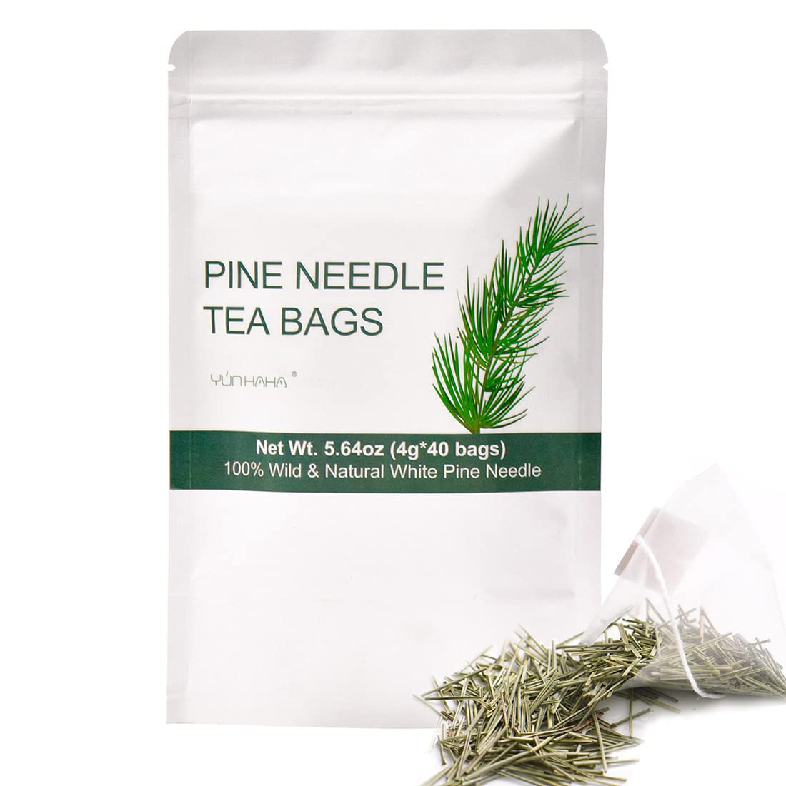 YUNHAHA Wild Dried White Pine Needle Tea- 40 bags, 4g/bag- 100% Natural Pure Pine Needles Herbal Tea - Caffeine free- Cut &