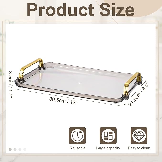 uxcell Plastic Serving Tray with Golden Handle, 12 x 8.6 Modern Rectangular Decorative Tray Acrylic Reusable Tea Platter for Countertop Bathroom Kitchen Home Restaurant, Grey