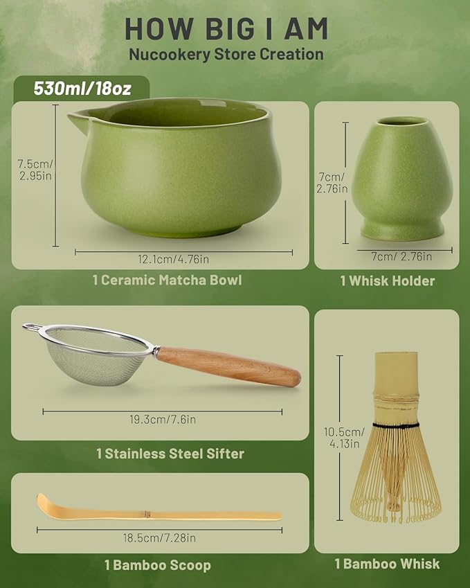 Nucookery Matcha Whisk Set - 5 Pcs Matcha Set with 18oz Ceramic Matcha Bowl (Chawan) with Spout, Bamboo Whisk & Holder, Scoop and Sifter | Complete Matcha Kit for Japanese Tea Ceremony