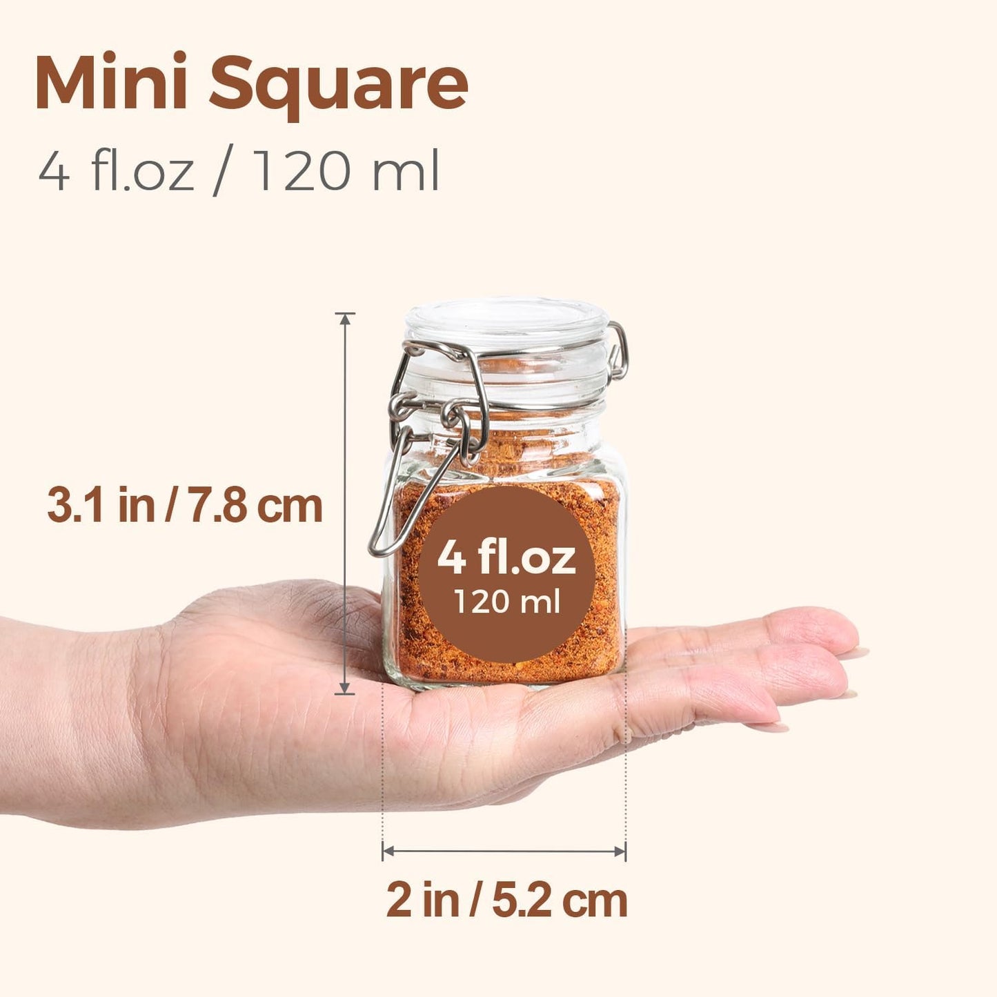 ComSaf Square Glass Spice Jars 4 oz 6 Pack with Labels and Funnel Set | Airtight clamp lids, eight labels, compact canisters for dried herbs, seasoning blends, seeds, tea, jam and organized refills