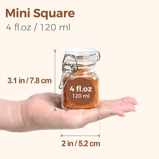 ComSaf Square Glass Spice Jars 4 oz 6 Pack with Labels and Funnel Set | Airtight clamp lids, eight labels, compact canisters for dried herbs, seasoning blends, seeds, tea, jam and organized refills