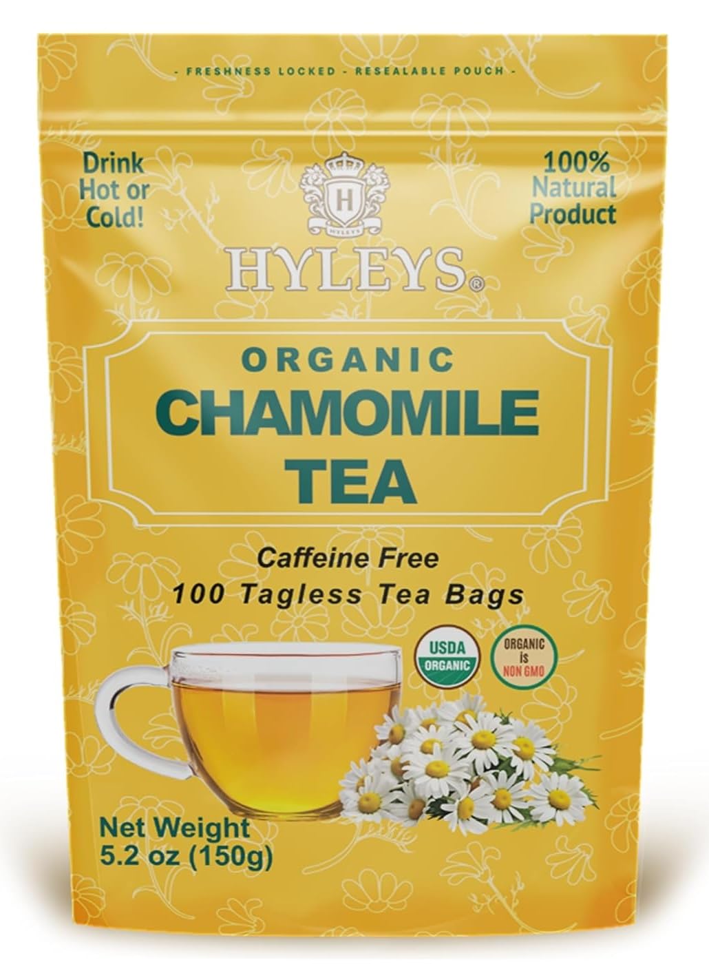 Hyleys Chamomile Tea Organic, Caffeine Free Herbal Tea, 100 Tea Bags