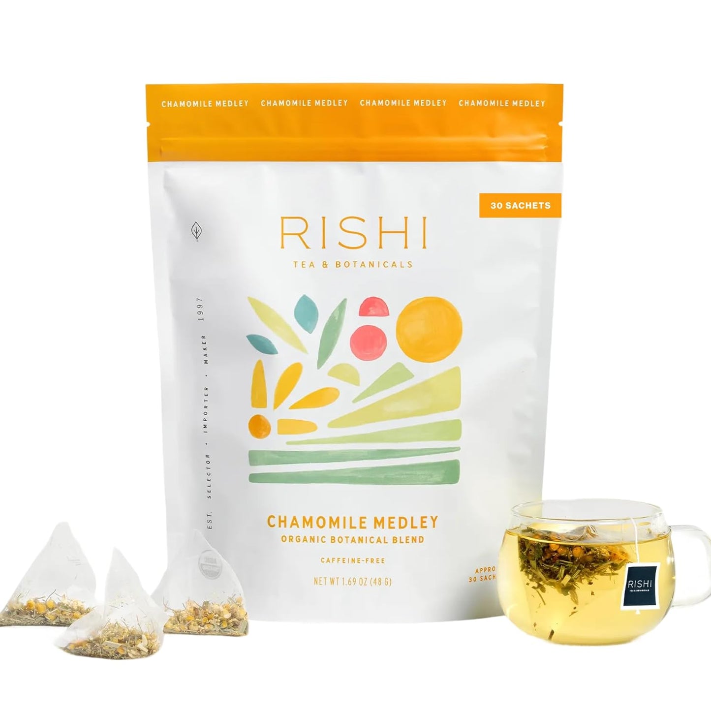 Rishi Tea Chamomile Medley Herbal Tea - Organic, Caffeine Free Direct Trade Sachet Bags, Calming Chamomile Flowers with Lemon Verbena & Mint - 30 Count