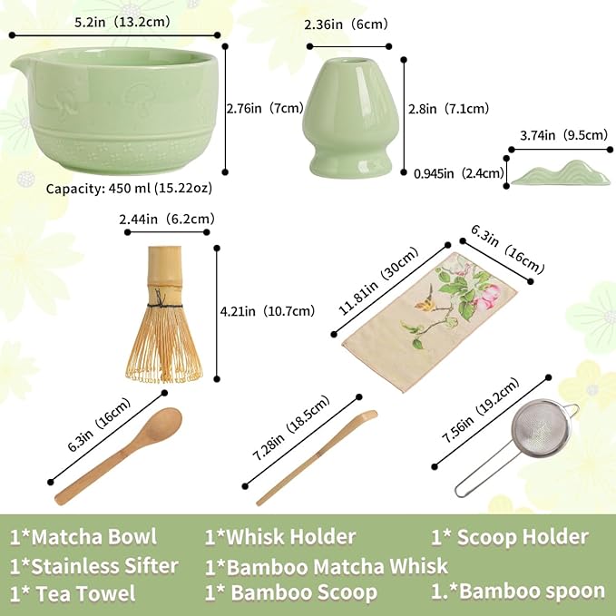 Matcha Set, 8-Piece Ceramic Matcha Bowl & Whisk Kit with Mushroom Pattern, Traditional Japanese Chawan, Bamboo Chasen, Scoop & Sifter, Gift for Tea Lovers, Zen Tea Ceremony Accessories (green)