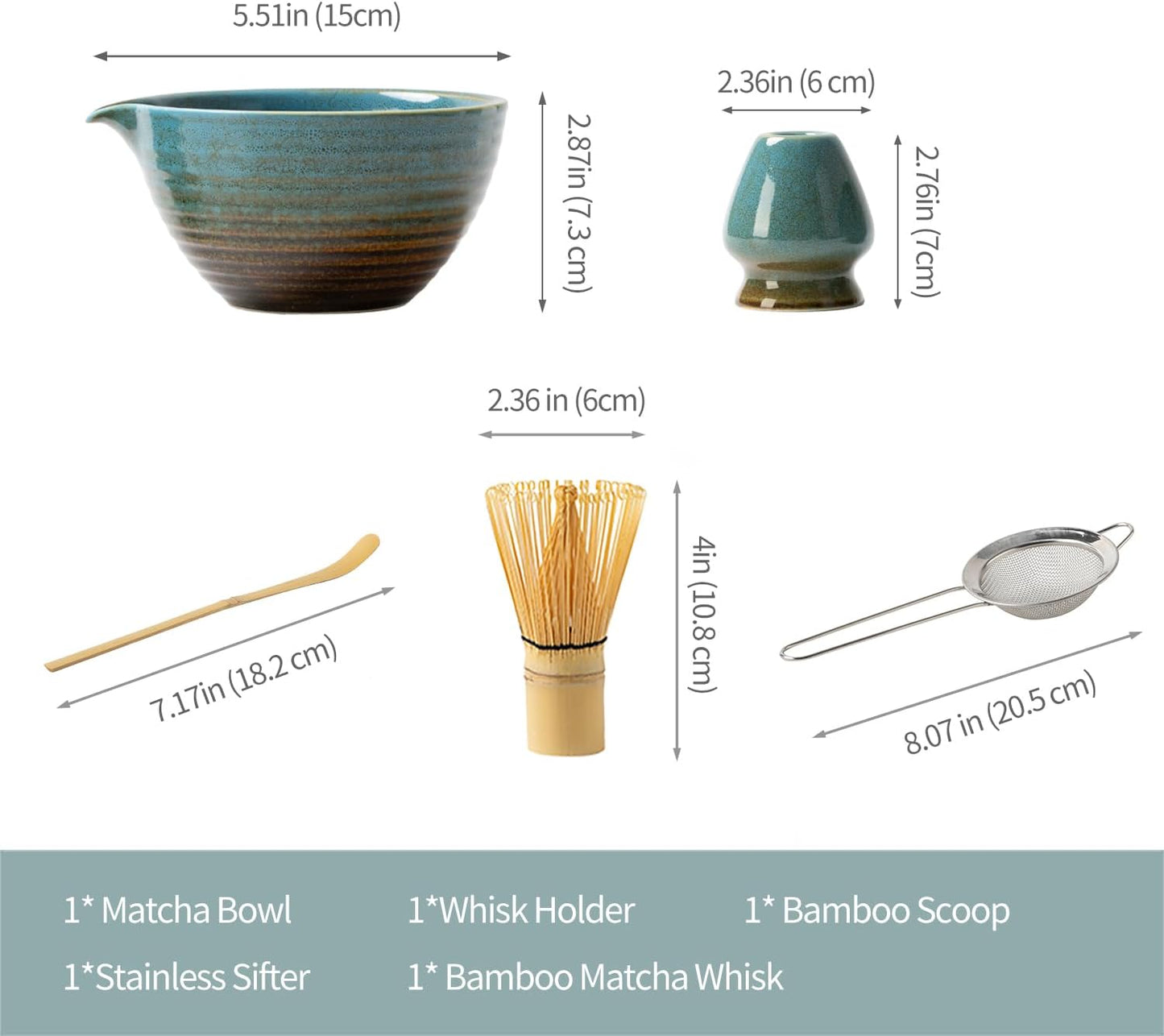 Traditional Matcha Tea Ceremony Set with Ceramic Bowl, Bamboo Whisk, Stand and Strainer, 5-Piece (blue)