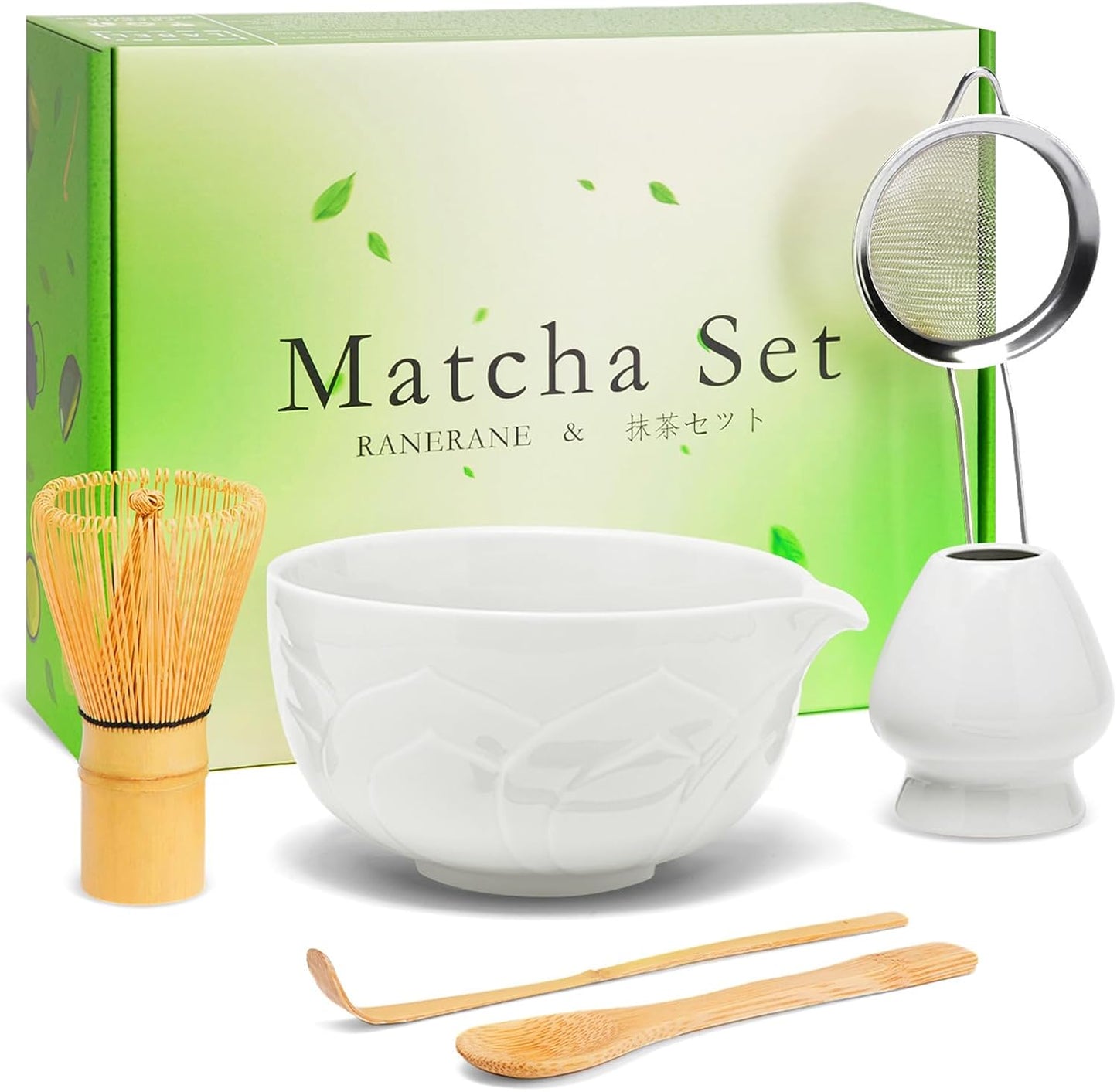 Matcha Whisk Set, Lotus White Ceramic Matcha Set Includes Matcha Bowl, Matcha Whisk (Chasen) and Holder, Sifter, Bamboo Scoop &amp; Spoon - 6 Pcs Matcha Kit for Matcha Lovers