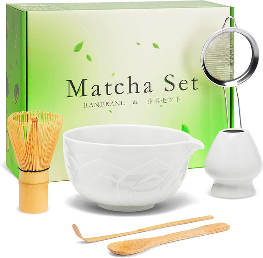 Matcha Whisk Set, Lotus White Ceramic Matcha Set Includes Matcha Bowl, Matcha Whisk (Chasen) and Holder, Sifter, Bamboo Scoop &amp; Spoon - 6 Pcs Matcha Kit for Matcha Lovers