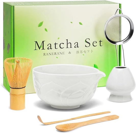 Matcha Whisk Set, Lotus White Ceramic Matcha Set Includes Matcha Bowl, Matcha Whisk (Chasen) and Holder, Sifter, Bamboo Scoop & Spoon