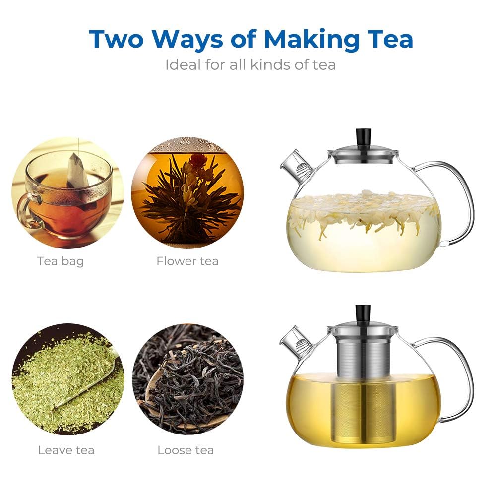 ecooe 67oz XL Large Glass Teapot with Stainless Steel Infuser Stovetop Safe