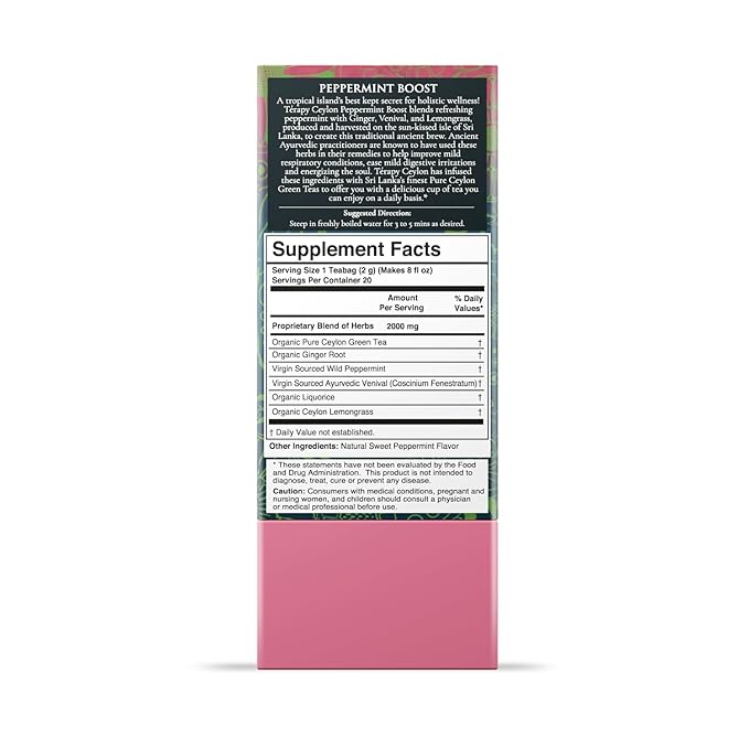 Térapy Ceylon Peppermint Tea, All Natural Herbal Ingredients, 100% Organic Peppermint Tea Bags Individually Wrapped