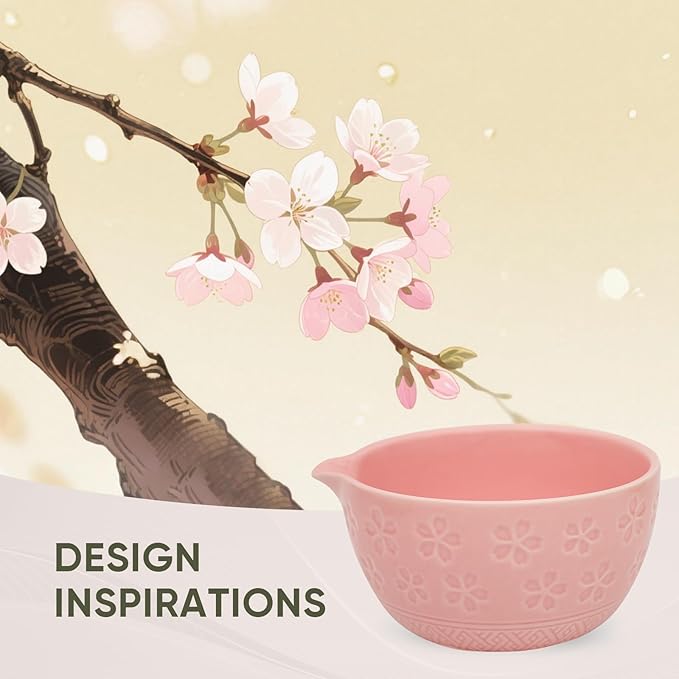 Matcha Whisk Set - Traditional Bamboo Chasen with Bowl, Complete Matcha Tea Making Kit & Starter Tools for Authentic Japanese Ceremony (Pink01, 8pcs/set,Bowl entry-level Set)